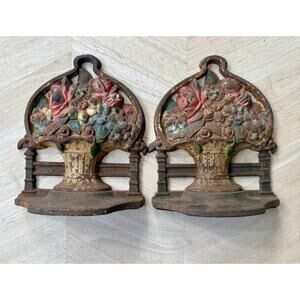 2 VTG Cast Iron Flower Basket door stops or Bookends (1950-60s, Sold as a Pair)